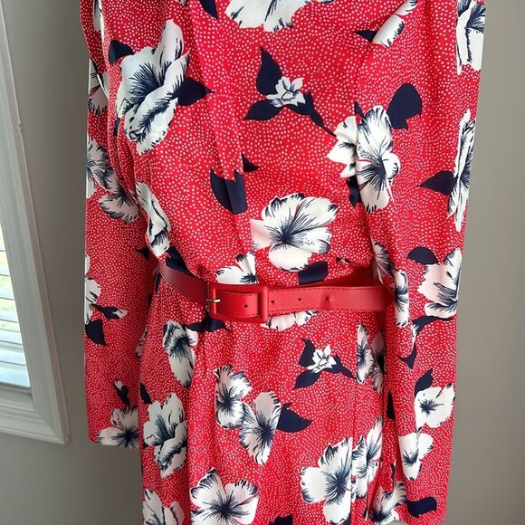 Vintage 80s Blair Red Hibiscus Belted Longsleeve Wrap Midi Dress - Picture 5 of 12